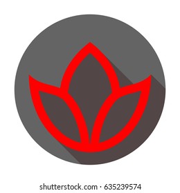 Flower Icon. Vector. Red icon with reddish shadow on dark gray circle at white background. Isolated.