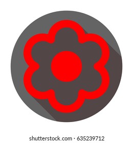 Flower icon. Vector. Red icon with reddish shadow on dark gray circle at white background. Isolated.