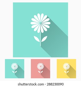 Flower - icon is white with long shadow, flat design. Vector illustration.