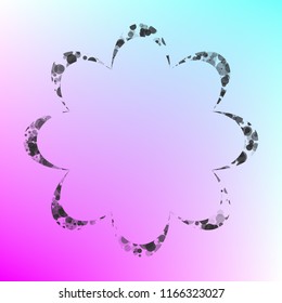 Flower icon without central part. Vector. Gray icon with bubbled texture at color background with pink and sky blue corners.