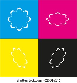 Flower icon without central part. Vector. White icon with isometric projections on cyan, magenta, yellow and black backgrounds.