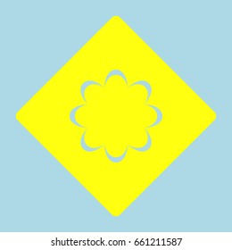 Flower icon without central part. Vector. Yellow romb with hole as icon on lightblue background.