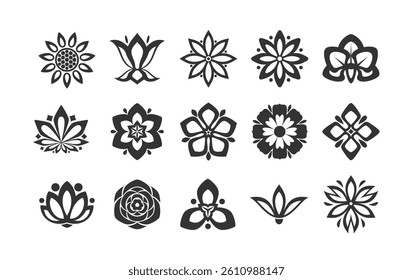 Flower icons collection. Floral elements. Modern simple flowers. Perfect for digital designs, prints, logos, and decorative elements. Floral art silhouette design. Vector illustration.