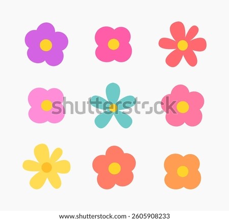 Flower icons collection in simple flat design style. Colorful set of cute daisy flowers. Spring or summer botanical design elements. Vector illustration
