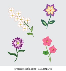 Flower icons. Colored chamomile floral symbols with leaves. Plants on white background. Vector