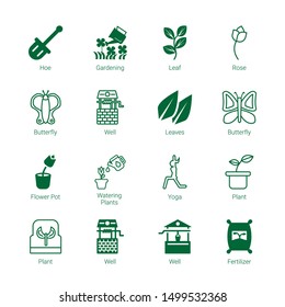 flower icons. Editable 16 flower icons. Included icons such as Hoe, Gardening, Leaf, Rose, Butterfly, Well, Leaves, Flower pot, Watering plants, Yoga. trendy icons for web.