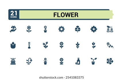 Ícones de flor em estilo preenchido. Contendo eco, flor, abstrato, lótus, primavera e muito mais. Vetor sólido simples.