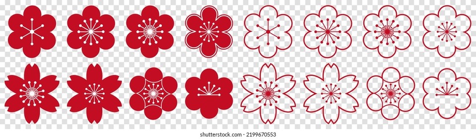 Flower icons. Flat and line art style. Vector illustration isolated on transparent background