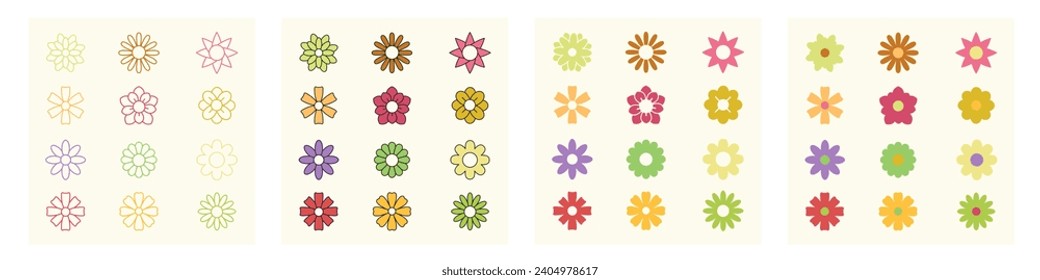 Blumensymbole. Die Kollektion der Blumen-Elemente in modernem, einfachem Stil. Flat, Linie und Silhouette Stil. Vektorgrafik-Illustrator.