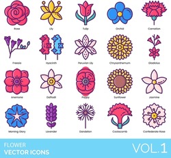 Flower Icons Including Anemone, Apricot Blossom, Aster, Black Eyed Susan, Bluebell, Buttercups, California Poppy, Carnation, Chrysanthemum, Cockscomb, Confederate Rose, Crocus, Daffodil, Dahlia, Daisy