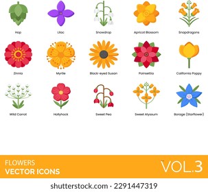 Flower Icons including Anemone, Apricot Blossom, Aster, Black eyed Susan, Bluebell, Buttercups, California Poppy, Carnation, Chrysanthemum, Cockscomb, Confederate Rose, Crocus, Daffodil, Dahlia, Daisy