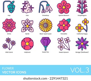 Flower Icons including Anemone, Apricot Blossom, Aster, Black eyed Susan, Bluebell, Buttercups, California Poppy, Carnation, Chrysanthemum, Cockscomb, Confederate Rose, Crocus, Daffodil, Dahlia, Daisy