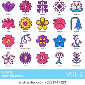 Flower Icons including Anemone, Apricot Blossom, Aster, Black eyed Susan, Bluebell, Buttercups, California Poppy, Carnation, Chrysanthemum, Cockscomb, Confederate Rose, Crocus, Daffodil, Dahlia, Daisy