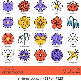 Flower Icons including Anemone, Apricot Blossom, Aster, Bluebell, Buttercups, California Poppy, Carnation, Chrysanthemum, Cockscomb, Rose, Daffodil, Dahlia, Daisy, Dandelion, Durian, Foxglove, Freesia