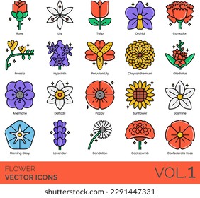 Iconos florales como Anemone, Apricot Blossom, Aster, Bluebell, Buttercups, California Poppy, Carnation, Chrysanthemum, Cockscomb, Rose, Daffodil, Dahlia, Daisy, Dandelion, Durian, Foxglove, Freesia