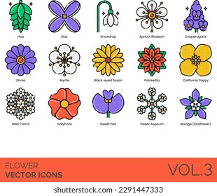 Flower Icons including Anemone, Apricot Blossom, Aster, Bluebell, Buttercups, California Poppy, Carnation, Chrysanthemum, Cockscomb, Rose, Daffodil, Dahlia, Daisy, Dandelion, Durian, Foxglove, Freesia