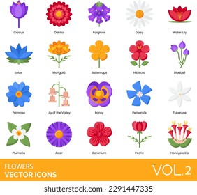 Flower Icons including Anemone, Apricot Blossom, Aster, Bluebell, Buttercups, California Poppy, Carnation, Chrysanthemum, Cockscomb, Rose, Daffodil, Dahlia, Daisy, Dandelion, Durian, Foxglove, Freesia