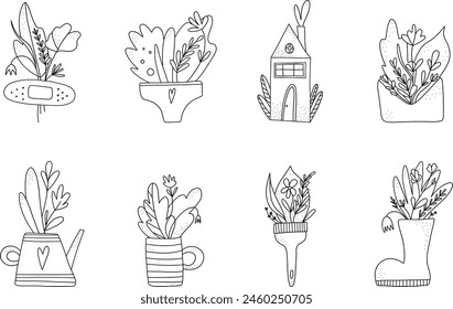Flower icons. Line botanical elements. Hand drawn cute leaves and flowers. Modern outline black and white objects for decor, letter, house and pot. Vector isolated minimal style illustration