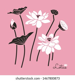 Flower icons. Lotus flower with leaves, buds and stems. Floral decorative elements - vector illustration.