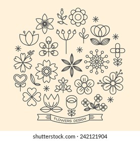 Flower Icons With Outline Style Vector Design Elements