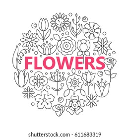 Flower icons with outline style vector design elements. A set of linear flower icons: chamomile, rose, peony, tulip, poppy, lily of the valley, lotus, bell, iris, aster, lily and others.