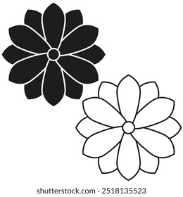 Flower icons pair. Black and white petals. Simple floral shapes. Minimalist design.