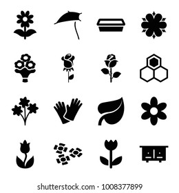Flower icons. set of 16 editable filled flower icons such as beehouse, bouquet, pot for plants, gloves, rose, honey, leaf