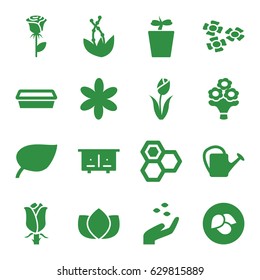 Flower icons set. set of 16 flower filled icons such as leaf, beehouse, hand with seeds, honey, lotus, rose, watering can, pot for plants, plant in pot
