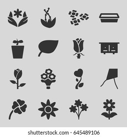 Flower icons set. set of 16 flower filled icons such as rose, beehouse, pot for plants, plant in pot, clover, plant, leaf, bouquet