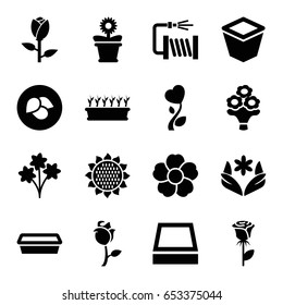 Flower icons set. set of 16 flower filled icons such as leaf, sunflower, rose, water hose, pot for plants, plant in pot