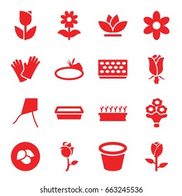 Flower icons set. set of 16 flower filled icons such as leaf, rose, pot for plants, plant in pot, gloves, pond, tulip