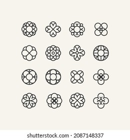 Flower icons. Set of 16 geometric shape. Modern linear design sign.  Modern abstract linear shape and new year's traditional decor elements.  