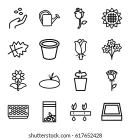 Flower icons set. set of 16 flower outline icons such as leaf, sunflower, hand with seeds, watering can, pot for plants, plant in pot, flower, rose, seed bag, pond