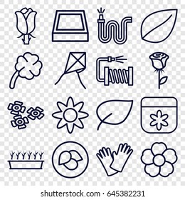 Flower icons set. set of 16 flower outline icons such as leaf, flower, water hose, plant in pot, rose, gloves, clover, square plant pot