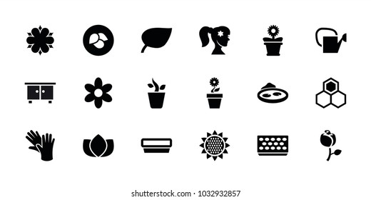 Flower icons. set of 18 editable filled flower icons: leaf, flower, lotus, pot for plants, pond, beehouse, honey, watering can, plant in pot, gloves