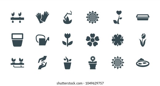 Flower icons. set of 18 editable filled flower icons: sunflower, pot for plants, pond, gloves, plant, hand with seeds, watering can