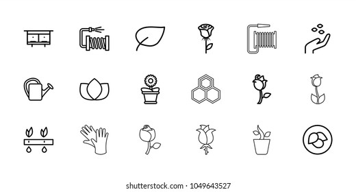 Flower icons. set of 18 editable outline flower icons: leaf, beehouse, hand with seeds, lotus, rose, watering can, water hose, flower pot, plant, honey, plant in pot, gloves