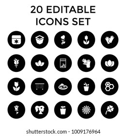 Flower icons. set of 20 editable filled flower icons such as honey, lotus, tulip, pot for plants, plant in pot, pond, gloves. best quality flower elements in trendy style.