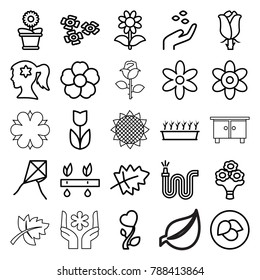 Flower icons. set of 25 editable outline flower icons such as leaf, hand with seeds, flower, dandelion, water hose, plant in pot, rose, plant