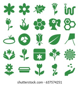 Flower icons set. set of 25 flower filled icons such as leaf, sunflower, rose, hand with seeds, honey, water hose, pot for plants, pond, plant, bouquet