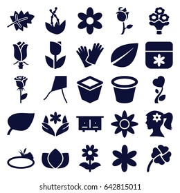 Flower icons set. set of 25 flower filled icons such as leaf, beehouse, lotus, rose, pot for plants, gloves, clover, pond, plant, tulip