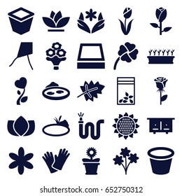 Flower icons set. set of 25 flower filled icons such as leaf, sunflower, rose, beehouse, lotus, water hose, pot for plants, plant in pot, pond, gloves, seed bag, clover