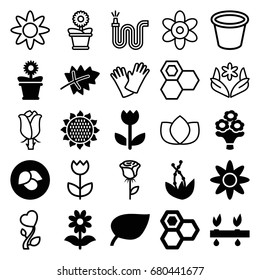 Flower icons set. set of 25 flower filled and outline icons such as leaf, sunflower, honey, plant, lotus, water hose, pot for plants, rose