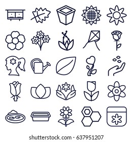 Flower icons set. set of 25 flower outline icons such as leaf, sunflower, beehouse, hand with seeds, honey, lotus, watering can, pot for plants, rose, pond, plant, tulip