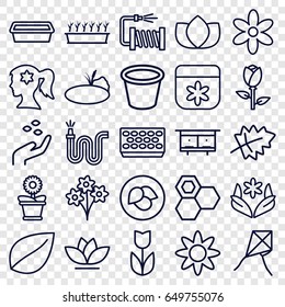 Flower icons set. set of 25 flower outline icons such as leaf, rose, beehouse, hand with seeds, honey, lotus, water hose, pot for plants, plant in pot, pond, bouquet