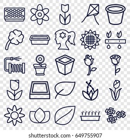 Flower icons set. set of 25 flower outline icons such as sunflower, lotus, leaf, water hose, pot for plants, plant in pot, rose, clover, plant, tulip