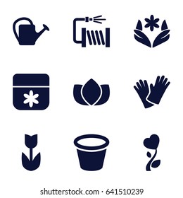 Flower icons set. set of 9 flower filled icons such as lotus, watering can, water hose, pot for plants