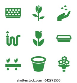 Flower icons set. set of 9 flower filled icons such as rose, hand with seeds, water hose, pot for plants, bouquet flower, plant