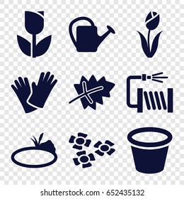 Flower icons set. set of 9 flower filled icons such as leaf, watering can, water hose, pot for plants, gloves, pond, flower