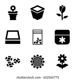 Flower icons set. set of 9 flower filled icons such as sunflower, rose, pot for plants, seed bag
